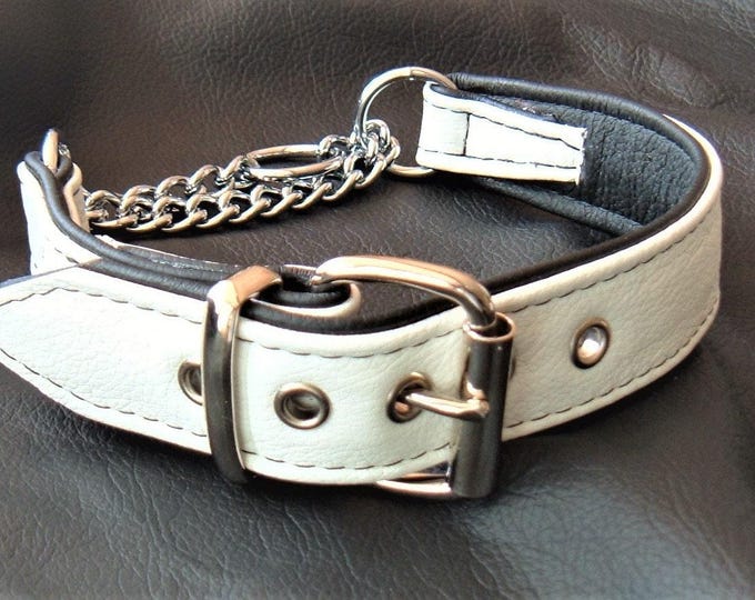 White on black leather martingale dog collar
