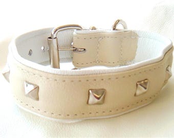 Cream on white leather dog collar with studs