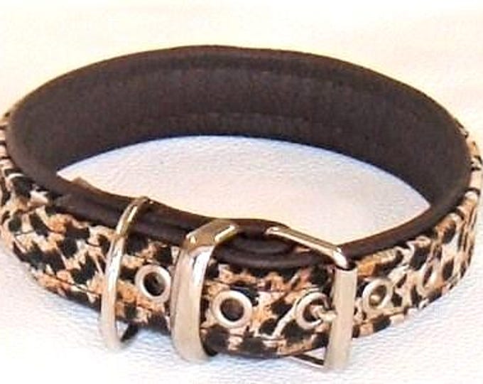 Leopard print satin fabric and brown leather dog collar