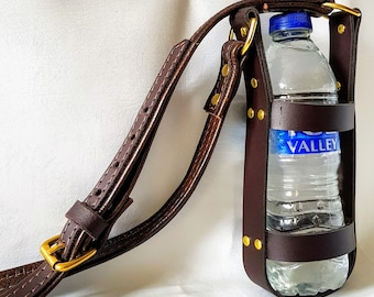 Hand Crafted Brown on Brown Leather water bottle carrier with solid brass hardware.
