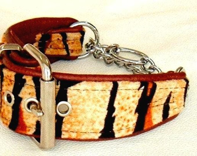 Orange tiger print fabric and tan leather martingale dog collar