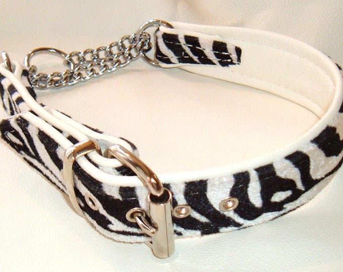 Zebra print fabric and white leather martingale dog collar