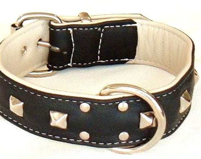 Black on cream leather studded dog collar with white stitching
