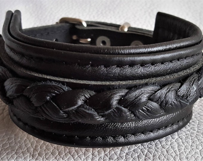 Hand crafted unisex all black leather wrist cuff with leather braiding and buckle fastening