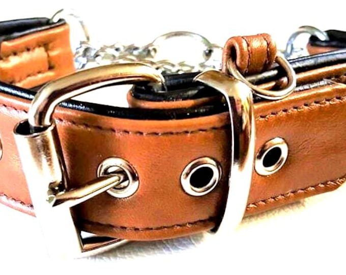 Tan brown on black leather martingale dog collar with id tag loop