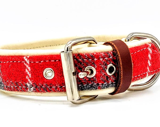 Red tweed on Cream leather dog collar with Nickle plated steel hardware.