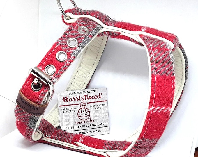 Genuine red & grey harris tweed on cream leather dog harness