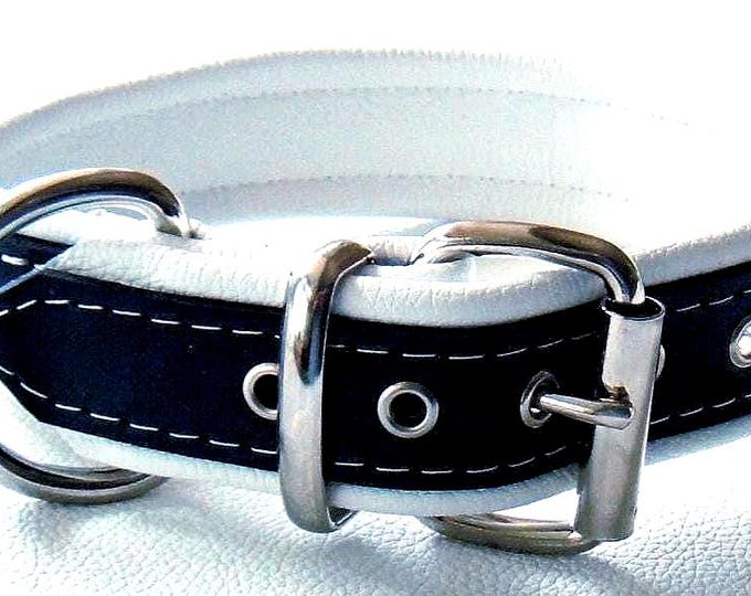 Black and white leather dog collar with white stitching