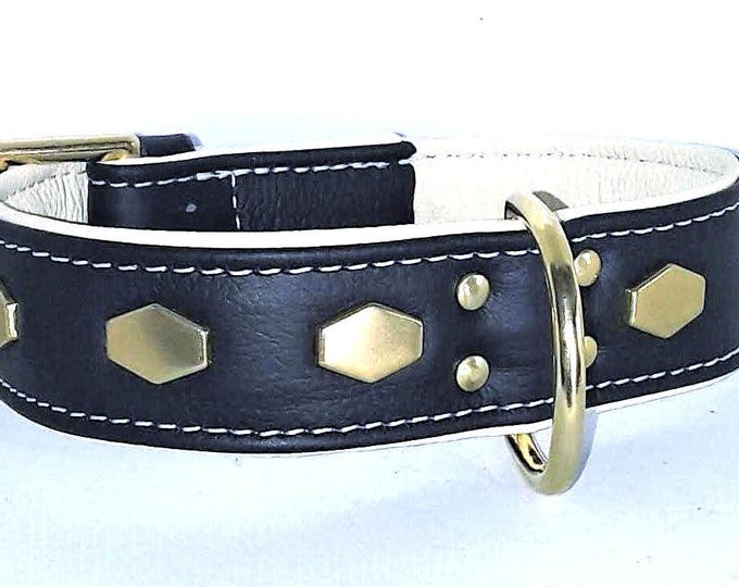 Black on cream leather dog collar with hexagonal studs and solid brass hardware