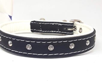 Black on white leather dog collar with diamantes