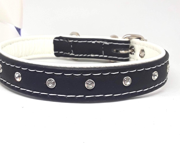 Black on white leather dog collar with diamantes