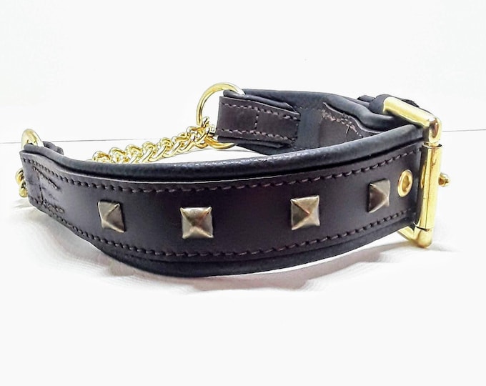 Brown on black studded leather martingale dog collar. that comes with solid brass hardware, chain and antique brass effect pyramid studs.
