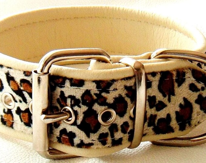 Leopard print faux fur fabric and cream leather dog collar