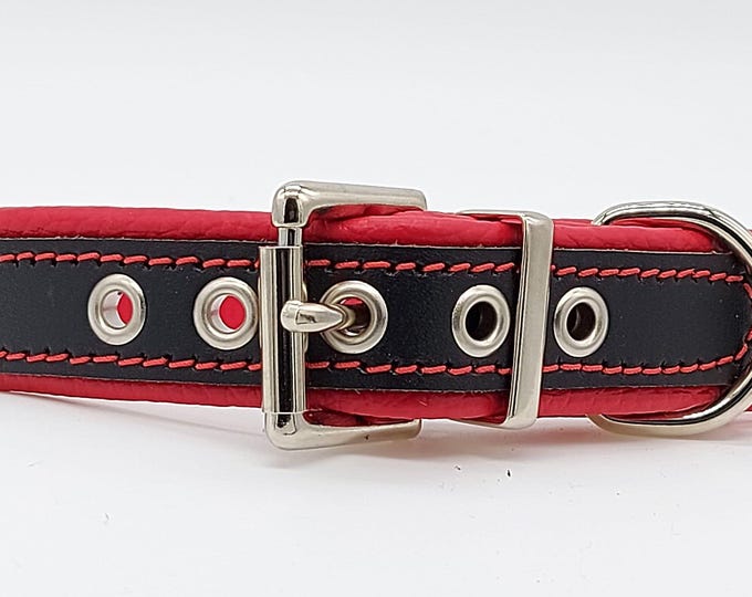 Black on red leather dog collar with red stitching