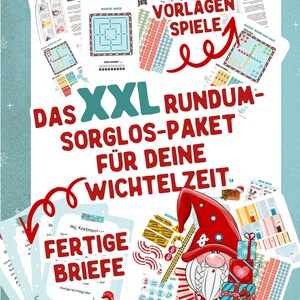 Peut inclure: Un ensemble de vacances festif avec le texte "XXL Rundum-Sorglos-Paket für deine Wichtelzeit." L'image comprend des modèles de jeux, des autocollants et un gnome de dessin animé tenant des cadeaux. La palette de couleurs est rouge, blanc et bleu.