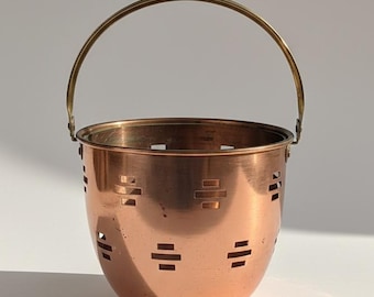 Mid-Century Scandinavian Ice Bucket & Planter — Copper Plated Metal Bowl with Brass Handle — Danish Modern Cachepot