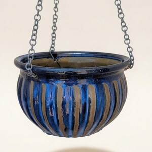 Large 70s Swedish Hanging Planter | Ribbed Blue Stripes Ceramic Pot | Mid Century Modern Studio Pottery | Vintage Scandinavian Cachepot