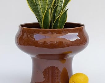 Large 1970s Hispania Manises Ceramic Planter — Lladro Group Spain — Mid-Century Modern Chalice Vase — Glossy Chocolate Brown
