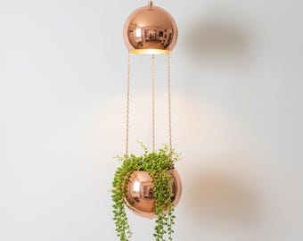 Space Age Hanging Planter with Integrated Grow Light - 1970s Copper Globe Cachepot - MCM Indoor Garden - Mirror Ball Plant Lamp