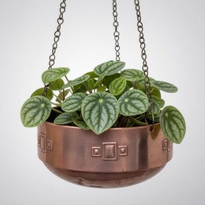 Antique Copper Hanging Planter — Art Deco Geometric Relief Pot — Scandinavian 1920s–30s — Patina Chain Cachepot