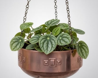 Antique Copper Hanging Planter — Art Deco Geometric Relief Pot — Scandinavian 1920s–30s — Patina Chain Cachepot