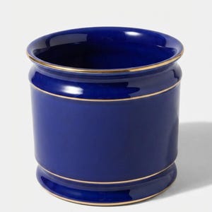 Cache-pot vintage en céramique bleu cobalt | Cache-pot en porcelaine à bordure dorée | Pot de fleurs en porcelaine style années 50