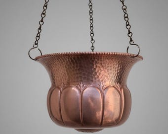 Maceta colgante antigua sueca de cobre — Jugendstil Ampel Art Nouveau — Maceta escandinava de metal martillado — Decoración de principios del siglo XX