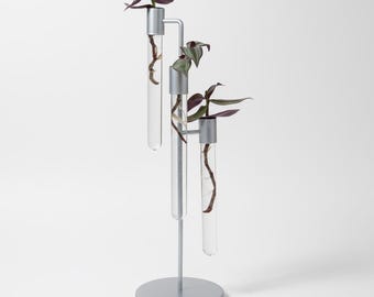 Triple Propagation Station — Tall Silver Metal Stand— Glass Vase for Cuttings — Hydroponic Display —  3 Test Tube Rooting Stand