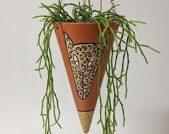 Postmodern Leopard Hanging Planter — Vintage 90s Memphis Style Cheetah Cone Pot — Hand Painted Terracotta — Pop Art Animal Decor