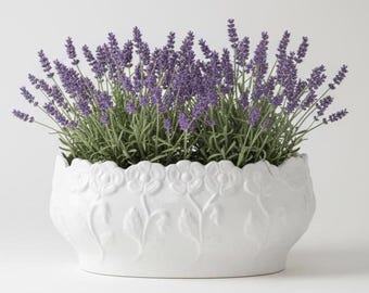 Vintage Portuguese Majolica White Ceramic Planter, Caldas da Rainha Pottery, Large Oval Floral Cachepot, Relief Flower Pot, 70s Garden Decor