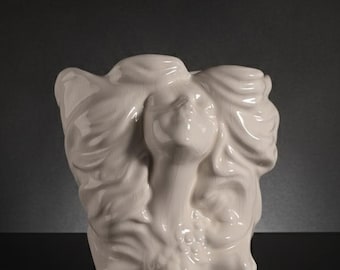 Vintage Cachepot spanskt keramikhuvud — Skulpturell kruka för kvinnahår — Vit krusad glasyrvas Botanisk ansiktsartefakt