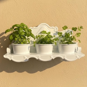Biała emaliowana doniczka na zioła — potrójna półka ścienna — kuchnia w stylu francuskim — ogródek ziołowy montowany na ścianie