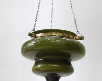 Raro macetero colgante Rosdala Glasbruk sueco de la década de 1970 - Vidrio con caja Småland verde oliva vintage - Decoración florista escandinava de mediados de siglo