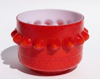 Vintage 60s sueco Hyllinge "Pigg" Plantador con púas — Sven-Erik Juhlin Red Volcano Glass Pot — Cachepot de vidrio con caja moderna de mediados de siglo