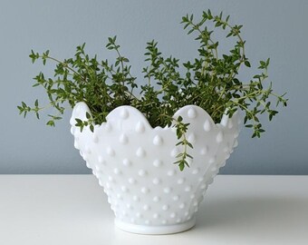 Vintage Swedish White Milk Glass Planter — Gunnar Ander "Nopps" for Lindshammar— Small Scalloped Hobnail Bowl — MCM 1960s Opal Glass