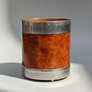 Maceta vintage de los años 70 estilo era espacial / Maceta acrílica imitación carey / Ribete de metal cromado / Maceta moderna de mediados de siglo