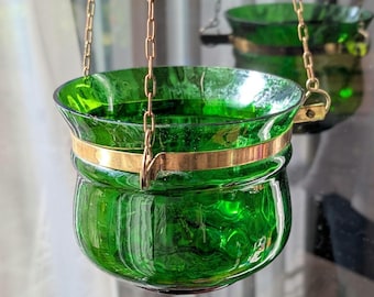Vintage Lindshammar smaragdglashängande planteringskärl — Handblåst Interflora G17 — Svensk 50-talsmodern inredning av Gunnar Ander