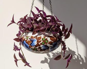 Sällsynt Art Deco-hängande kruka — Villeroy & Boch "Vera"-serien — Tysk fajans-kruka från 1920-talet — Kobolt- och tobaksblommor