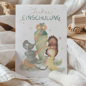 Postkarte Schulanfang Maus und Igel Tanz A6 Karte zur Einschulung Postkarte Kinder Postkarte Geburtstag Geburtstagskarte Geburtstagsgeschenk