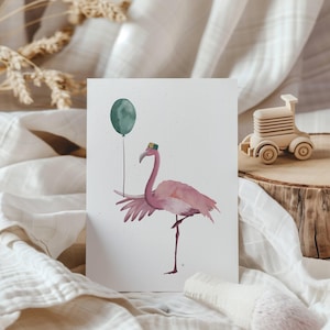 Postkarte Flamingo Joni mit Luftballon A6 | Karte Einladung Postkarte Freunde Postkarte Mama Postkarte Geburtstag Grußkarte Geburtstagskarte