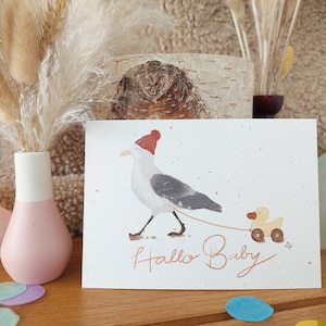 Karte zur Geburt Möwe A6 - Postkarte Baby Geburtsgeschenk Postkarte Hallo Baby Karte Mama Geburtskarte Geburt Baby Postkarte Möwe Meer