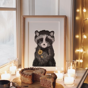 Poster Waschbär Till mit Blume A4 A3 Kinderposter Poster Kinderzimmer Poster Baby Geschenk Mädchen Geschenk Junge Poster Tierposter Wanddeko