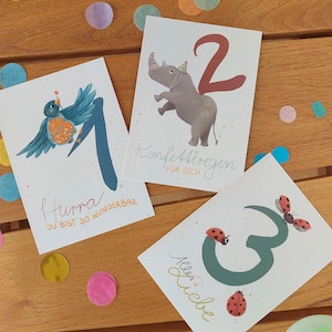 Postkarten Set Geburtstag Zahlen 1-3 Tiere A6 | Geburtstagskarte Kind erster Geburtstag Karte zweiter Geburtstag Karte dritter Geburtstag
