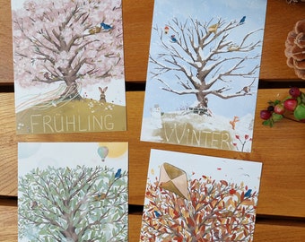 Ensemble de cartes flash quatre saisons | Set de cartes postales A6 pour enfants basé sur des images Montessori printemps été automne hiver