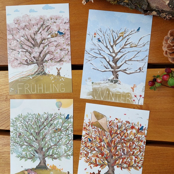 Vier Jahreszeiten Lernkarten Set | Postkarten Set A6 für Kinder nach Montessori Bilder Frühling Sommer Herbst Winter