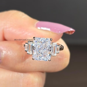 Elegant 2.5 CT Radiant Cut Lab Created Diamond Engagement Ring Rose Gold 3 Stone Setting with Baguette Accents Sustainable Wedding Jewelry
