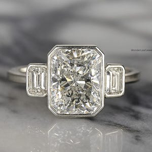 4 CT Three Stone Lab Grown Diamond Radiant Cut Center with Bezel Set Side Diamonds Minimalist Gold Bridal Jewelry Ethical Engagement Ring