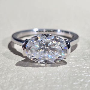 Oval Lab Grown Diamond Engagement Ring East to West Wedding Ring Half Bezel Set Solitaire  Solid Gold Oval Solitaire Big Diamond Ring