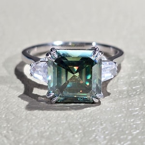 Asscher Cut Green Gemstone Engagement Ring | Three Stone Wedding Band with Bullet Side Diamonds | Ethical Conflict-Free Bridal Jewelry