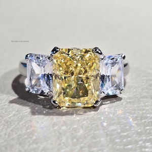 4 CT Radiant Cut Yellow Lab Grown Diamond Engagement Ring Three Stone White Gold Ring with Radiant Side Stones Ethical Bridal Jewelry